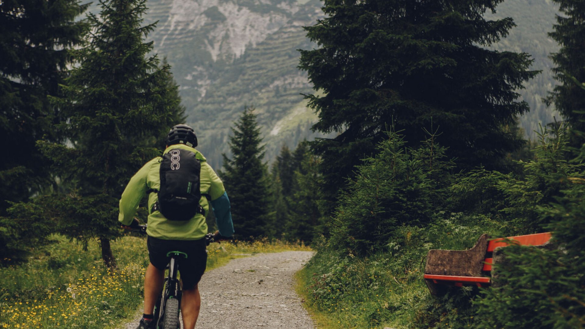 Mountainbiker auf Waldweg mit Bergblick und roter Bank am Wegesrand